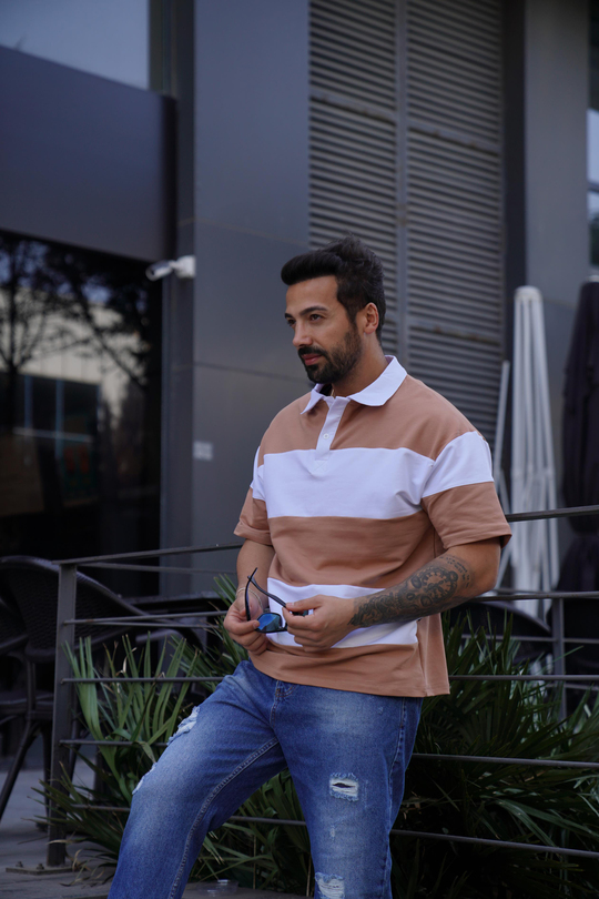 T-SHİRTKrem Parçalı Oversize Polo Yaka TK 1003