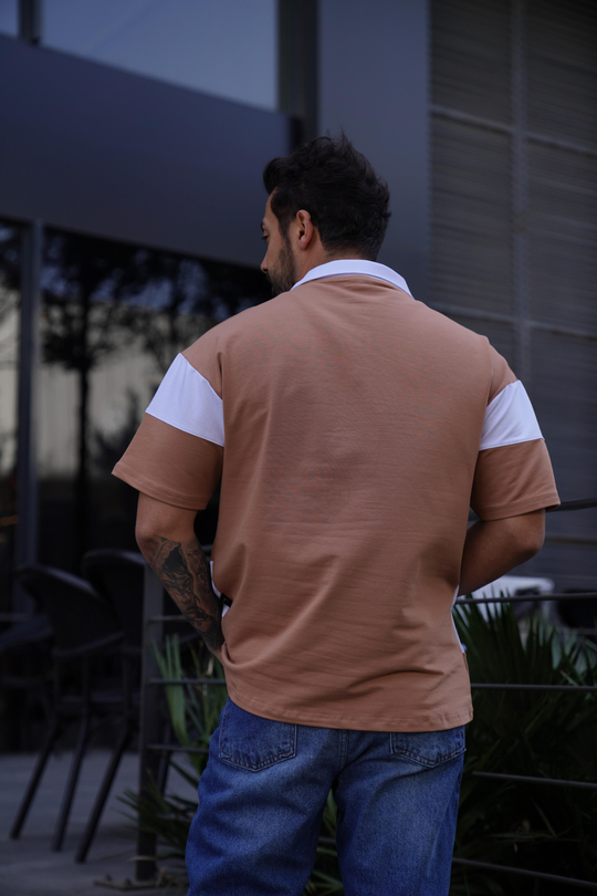 T-SHİRTKrem Parçalı Oversize Polo Yaka TK 1003