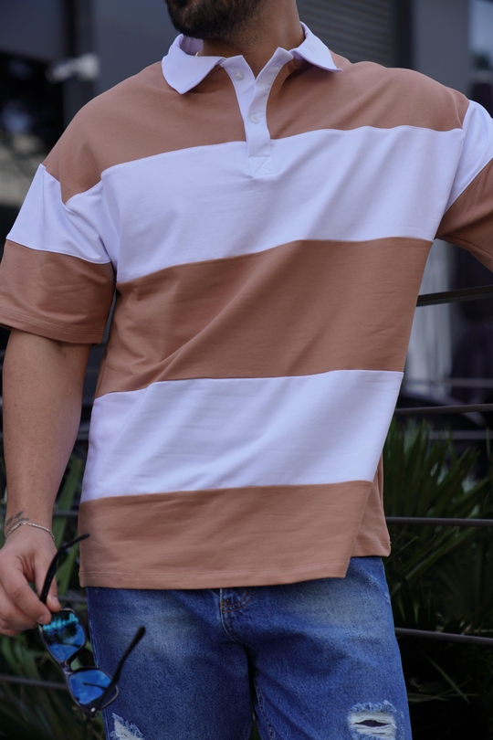 T-SHİRTKrem Parçalı Oversize Polo Yaka TK 1003