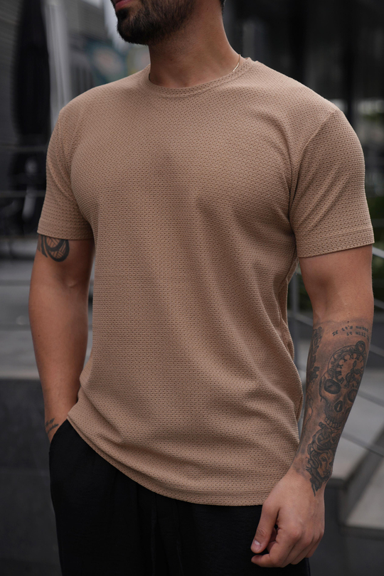 T-SHİRTKrem Rapido Delikli Bisiklet Yaka T-Shirt TK 1005
