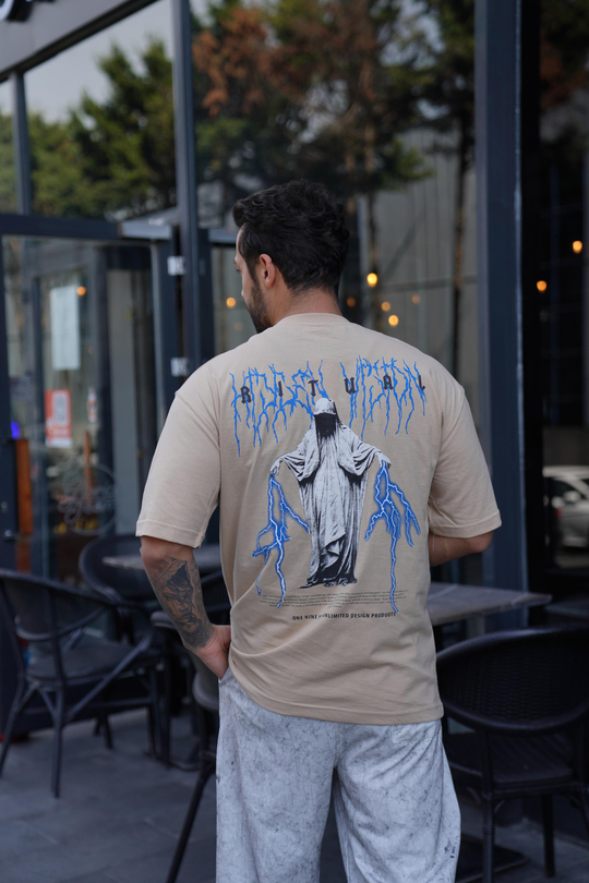 T-SHİRTKrem RİTUAL Baskılı Oversize T-Shirt VSK