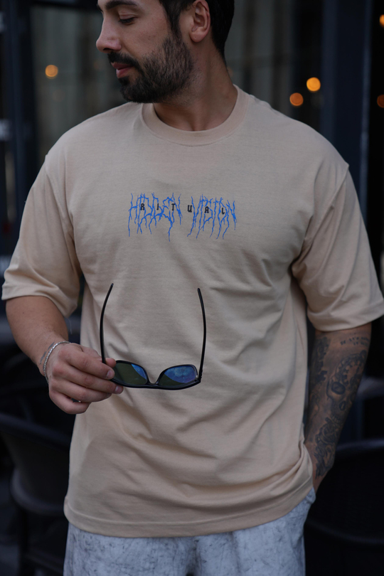T-SHİRTKrem RİTUAL Baskılı Oversize T-Shirt VSK