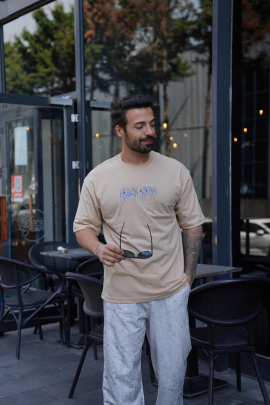T-SHİRTKrem RİTUAL Baskılı Oversize T-Shirt VSK