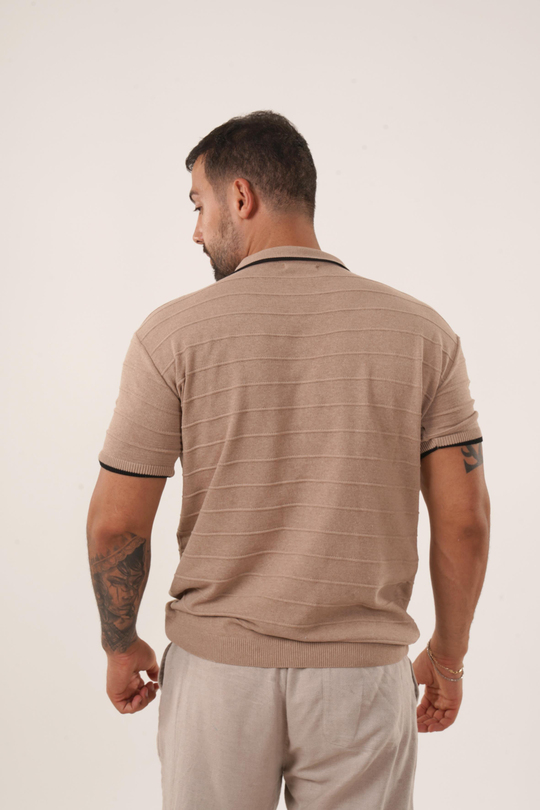 T-SHİRTKrem Şeritli Triko Polo Yaka TB