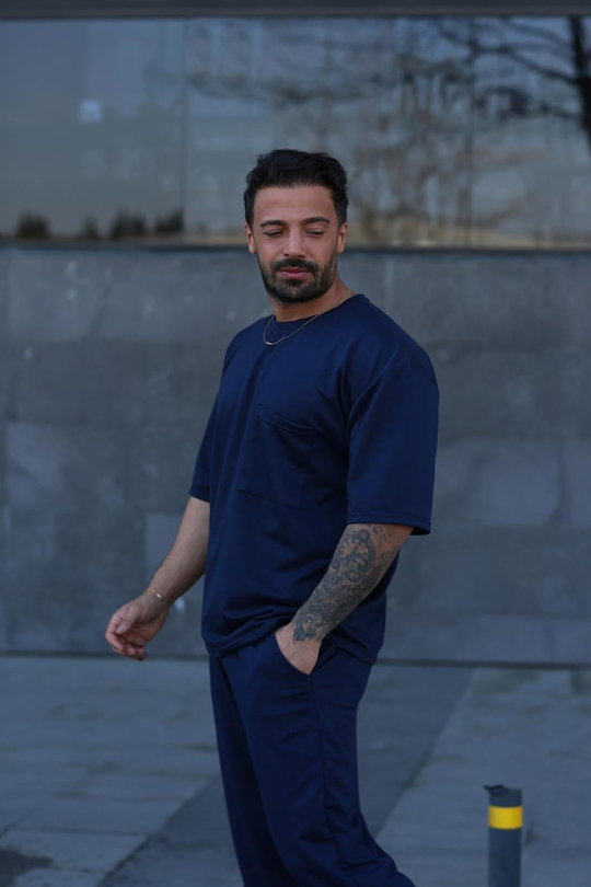 T-SHİRTLacivert 2 İplik Double Kalıp CEPLİ Oversize T-SHIRT