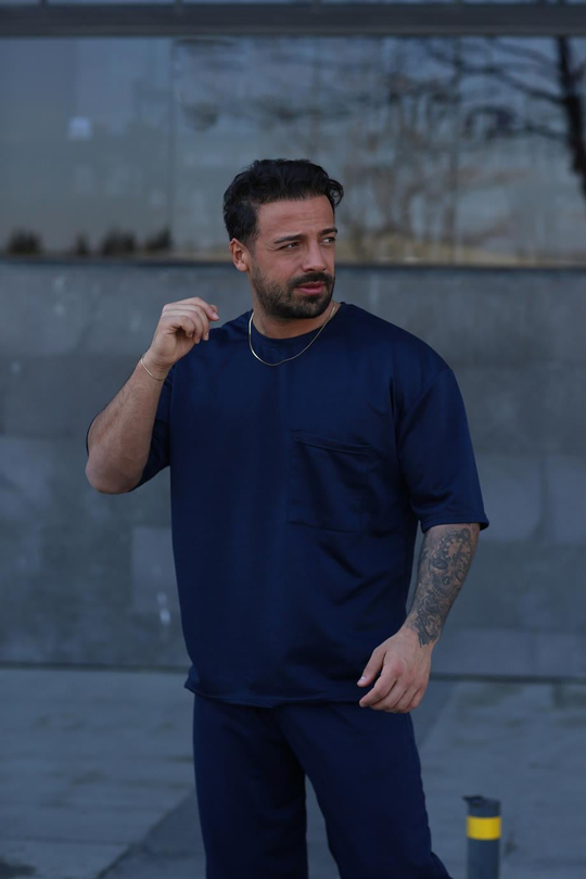 T-SHİRTLacivert 2 İplik Double Kalıp CEPLİ Oversize T-SHIRT