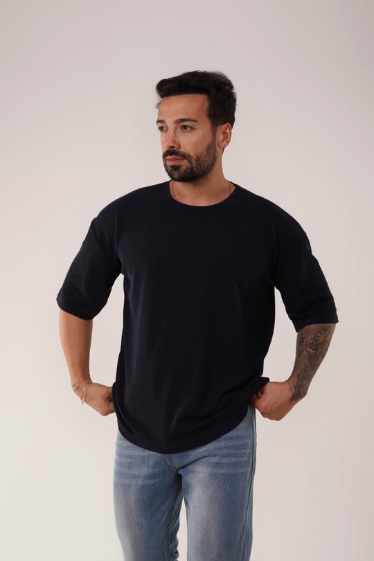 T-SHİRTLacivert Burgu Desen Oversize T-Shirt SC