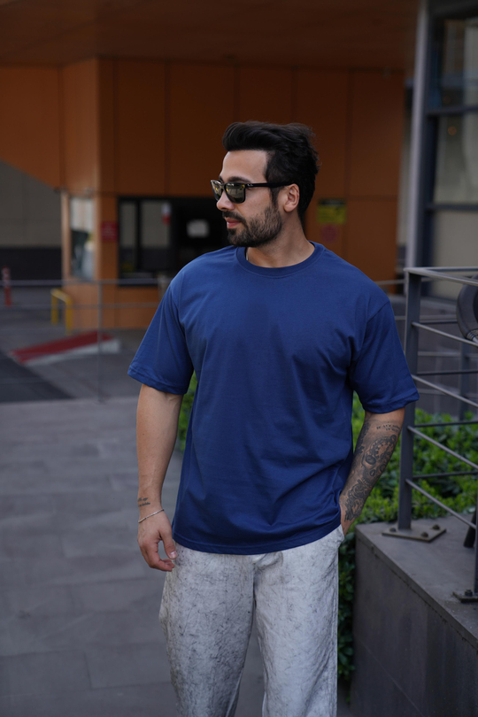 T-SHİRTLacivert Compak Düz Oversize T-Shirt SNZ