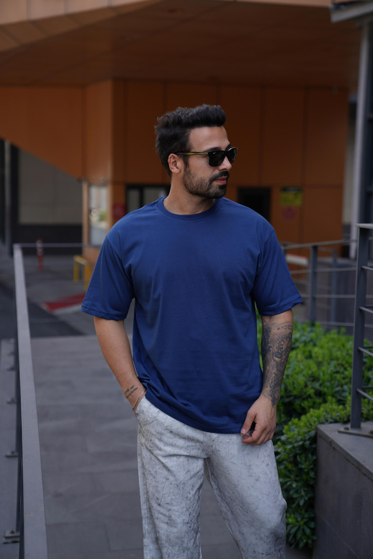 T-SHİRTLacivert Compak Düz Oversize T-Shirt SNZ