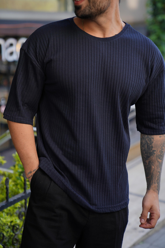 T-SHİRTLacivert Fitilli Oversize T-Shirt SC