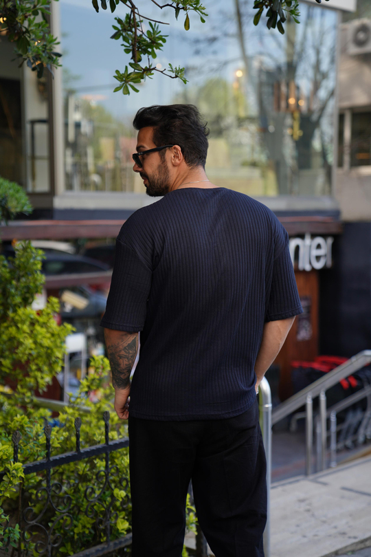 T-SHİRTLacivert Fitilli Oversize T-Shirt SC