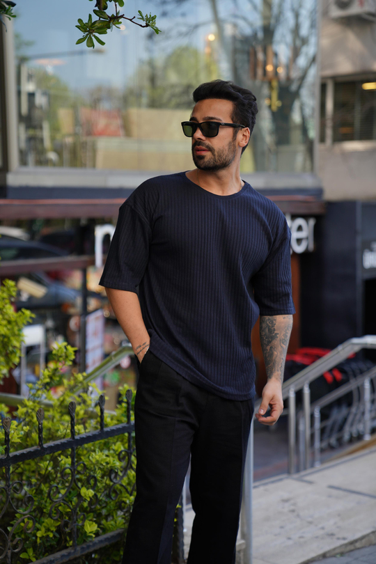 T-SHİRTLacivert Fitilli Oversize T-Shirt SC