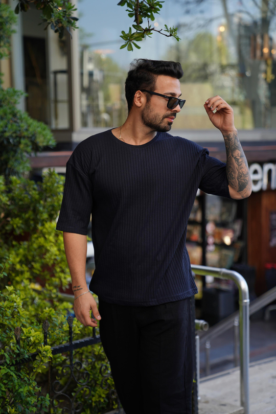 T-SHİRTLacivert Fitilli Oversize T-Shirt SC