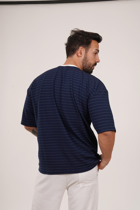 T-SHİRTLacivert İnce Tire Çizgi Desen Oversize SC 