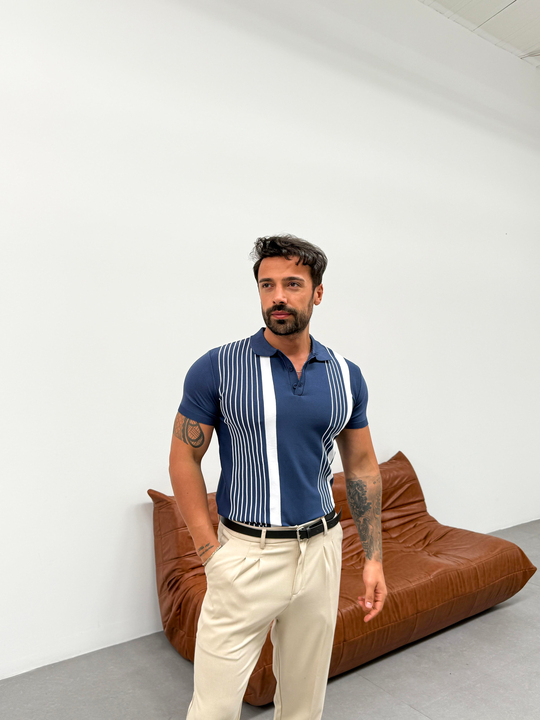 T-SHİRTLacivert Şeritli Triko Polo Yaka Pamuk T-shirt TK