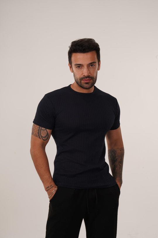 T-SHİRTLacivert Slim Fit Fitilli T-SHIRT SC
