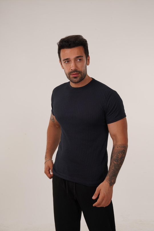 T-SHİRTLacivert Slim Fit Fitilli T-SHIRT SC