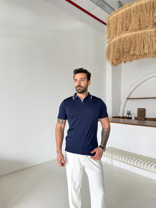 T-SHİRTLacivert Yaka Çizgili Polo Yaka TK