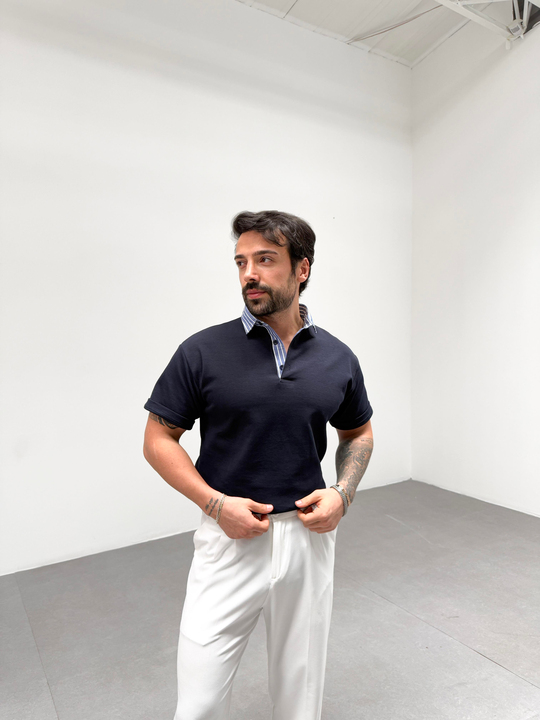 T-SHİRTLacivert Yakası Çizgili Polo Yaka T-shirt SNZ 1005