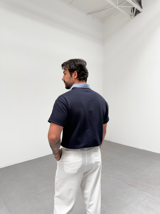 T-SHİRTLacivert Yakası Çizgili Polo Yaka T-shirt SNZ 1005
