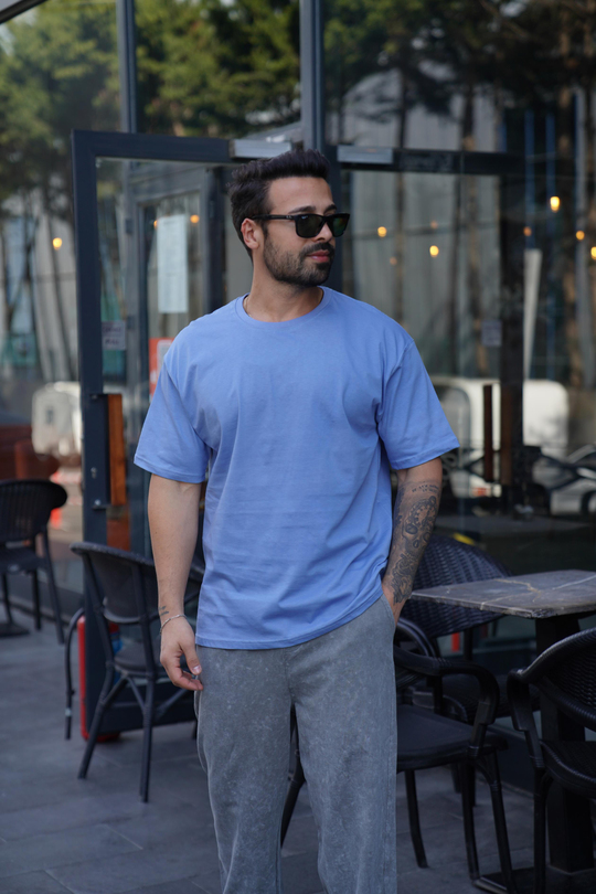 T-SHİRTMavi Düz Oversize T-Shirt TK 1012