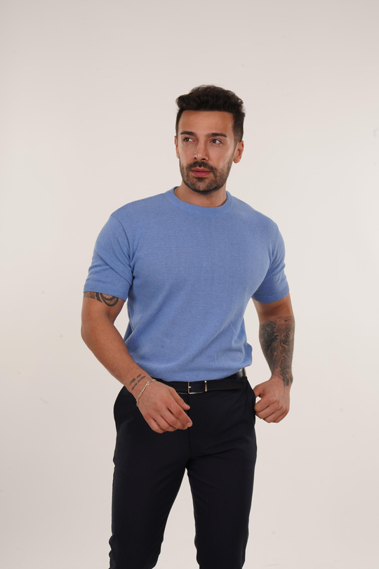 T-SHİRTMavi Düz Triko T-shirt TB