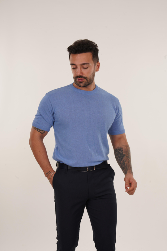 T-SHİRTMavi Düz Triko T-shirt TB