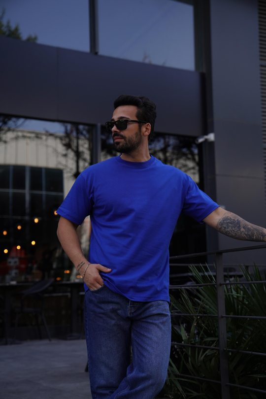 T-SHİRTSaksmavi Compak Düz Oversize T-Shirt SNZ