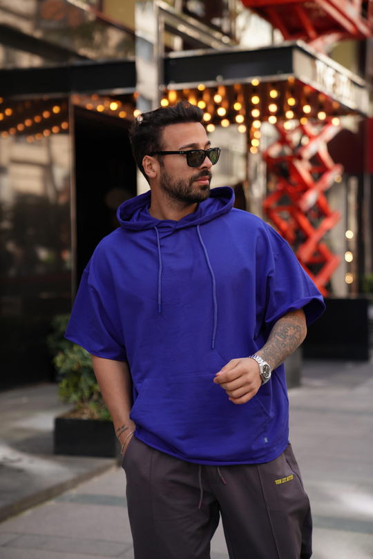 T-SHİRTSaksmavi Kapşonlu Kanguru Cep Oversize T-Shirt VMS 30175