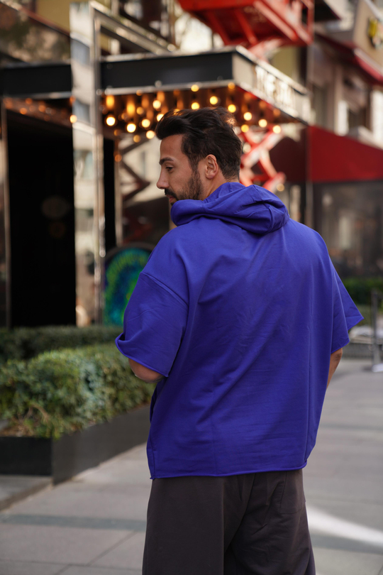 T-SHİRTSaksmavi Kapşonlu Kanguru Cep Oversize T-Shirt VMS 30175