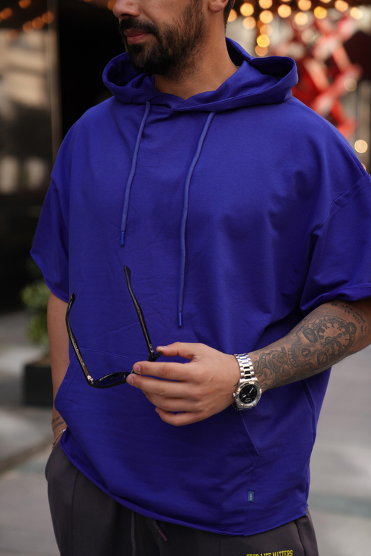 T-SHİRTSaksmavi Kapşonlu Kanguru Cep Oversize T-Shirt VMS 30175
