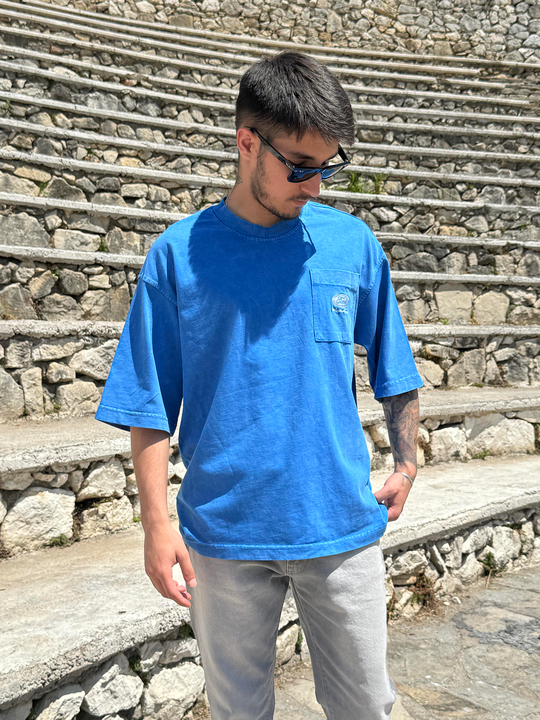 T-SHİRTSaksmavi Yıkamalı Cep Üstü Nakışlı Oversize T-SHIRT PNC 8097