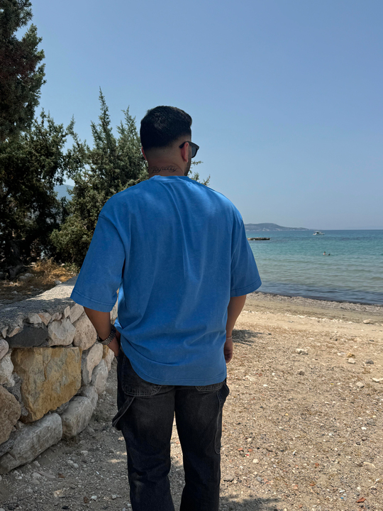 T-SHİRTSaksmavi Yıkamalı Yüksek Kalite SQQZEARTH Baskılı Oversize T-SHIRT PNC 8113
