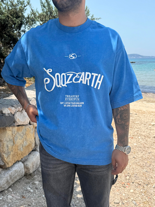 T-SHİRTSaksmavi Yıkamalı Yüksek Kalite SQQZEARTH Baskılı Oversize T-SHIRT PNC 8113