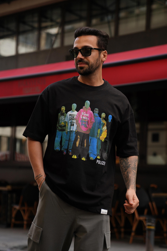 T-SHİRTSiyah 2 İplik Renkli Manken Baskılı Oversize T-Shirt MHL
