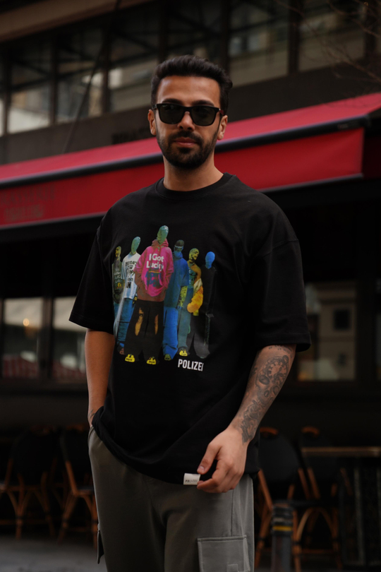 T-SHİRTSiyah 2 İplik Renkli Manken Baskılı Oversize T-Shirt MHL