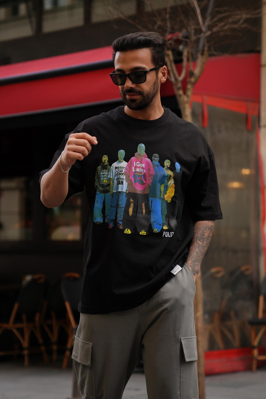 T-SHİRTSiyah 2 İplik Renkli Manken Baskılı Oversize T-Shirt MHL