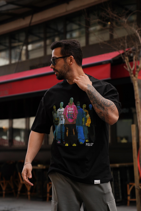 T-SHİRTSiyah 2 İplik Renkli Manken Baskılı Oversize T-Shirt MHL