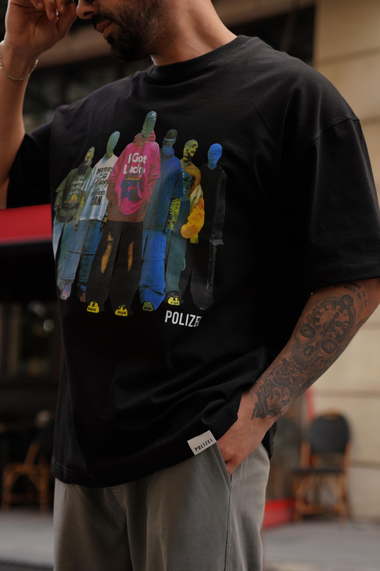 T-SHİRTSiyah 2 İplik Renkli Manken Baskılı Oversize T-Shirt MHL