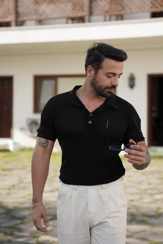 T-SHİRTSiyah Ajurlu Patlı Triko Polo Yaka SNZ 7069