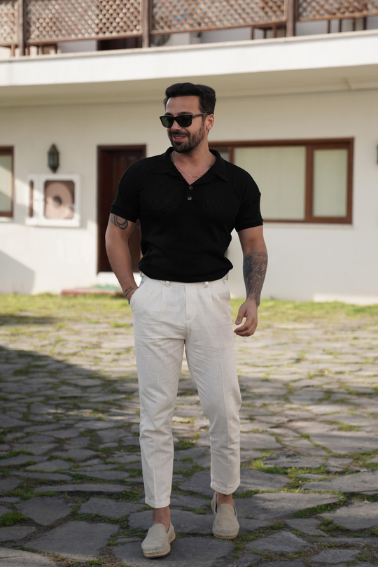 T-SHİRTSiyah Ajurlu Patlı Triko Polo Yaka SNZ 7069