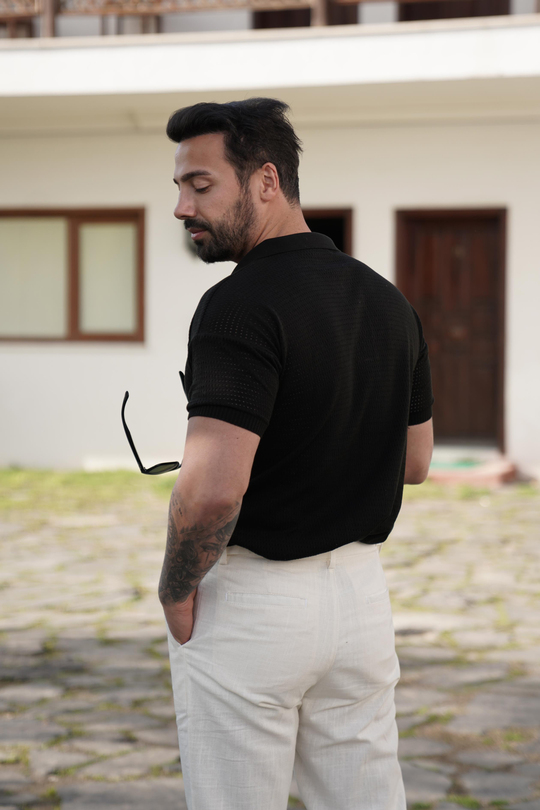 T-SHİRTSiyah Ajurlu Patlı Triko Polo Yaka SNZ 7069