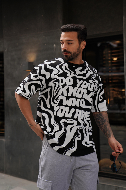 T-SHİRTSiyah Beyaz Do You Baskılı Kalın Kumaş Oversize T-Shirt MHL