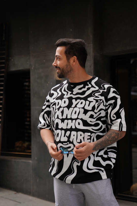 T-SHİRTSiyah Beyaz Do You Baskılı Kalın Kumaş Oversize T-Shirt MHL