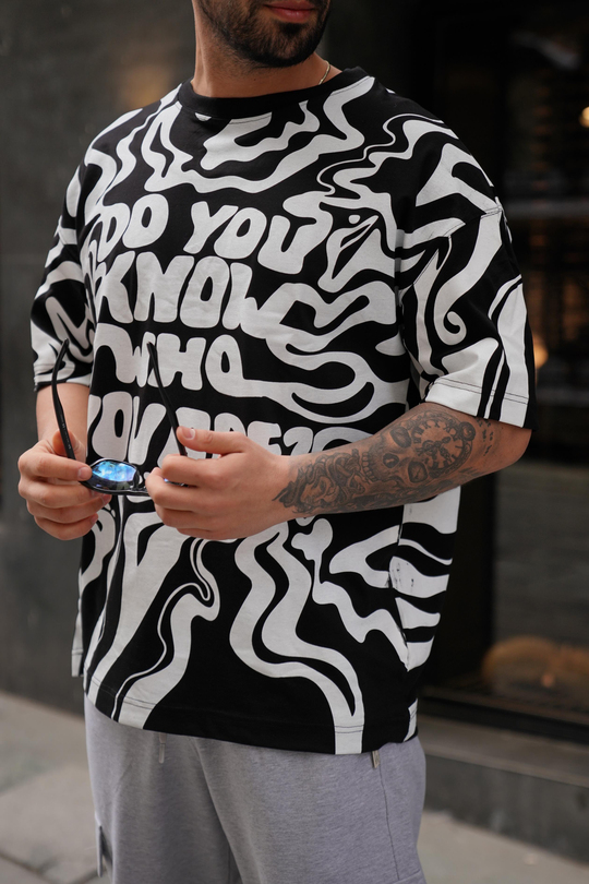 T-SHİRTSiyah Beyaz Do You Baskılı Kalın Kumaş Oversize T-Shirt MHL
