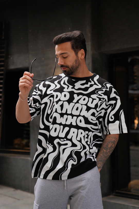 T-SHİRTSiyah Beyaz Do You Baskılı Kalın Kumaş Oversize T-Shirt MHL