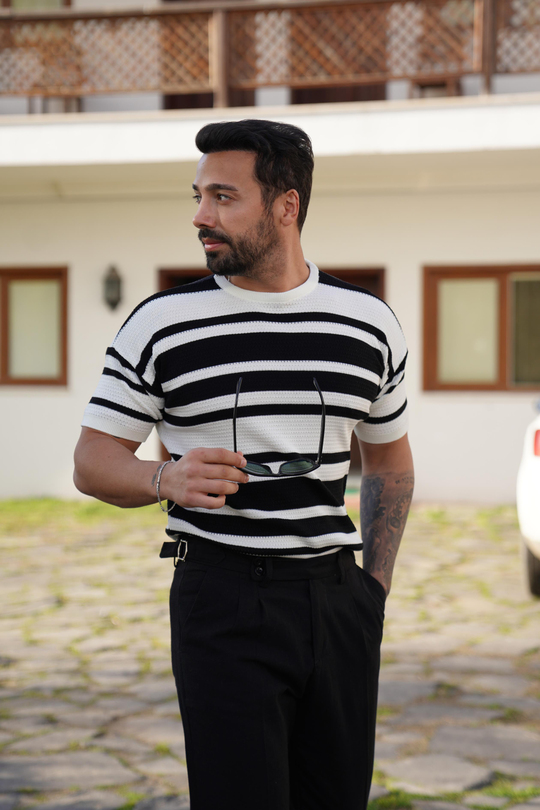 T-SHİRTSiyah Beyaz Kol Bantlı Triko SNZ 7067