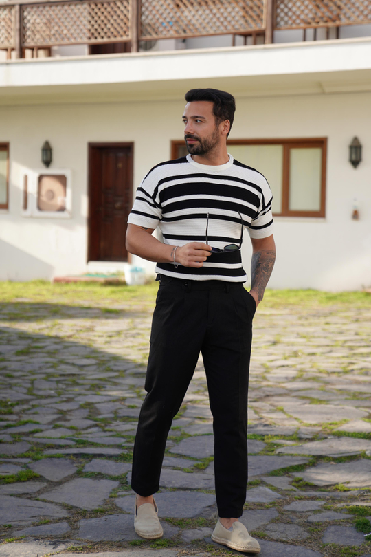 T-SHİRTSiyah Beyaz Kol Bantlı Triko SNZ 7067