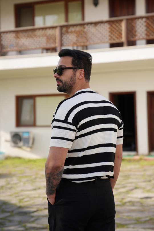 T-SHİRTSiyah Beyaz Kol Bantlı Triko SNZ 7067