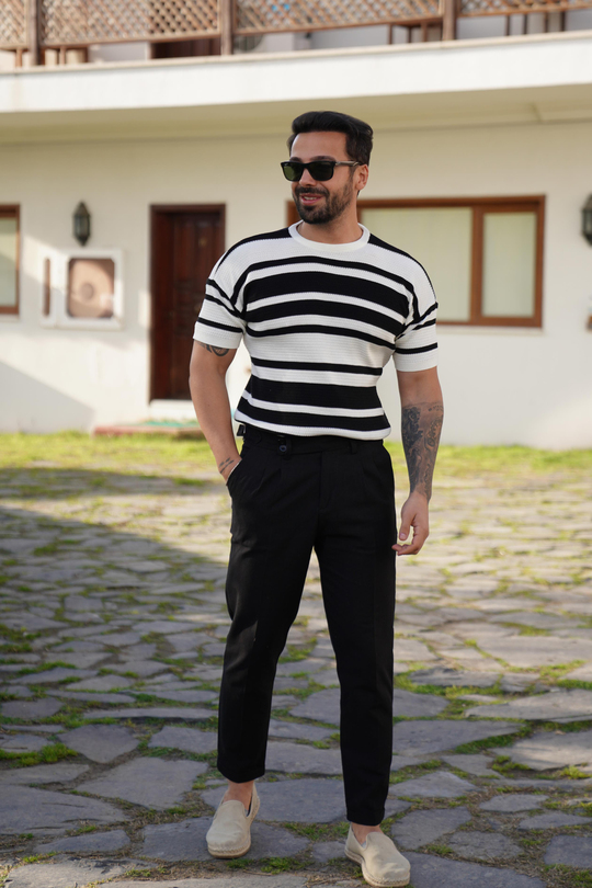 T-SHİRTSiyah Beyaz Kol Bantlı Triko SNZ 7067